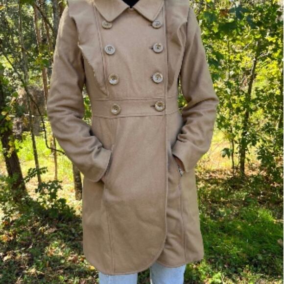 Tibi Women’s 4 Camel Wool Pea Coat Ruffle Detail Button Designer Jacket - Picture 4 of 7